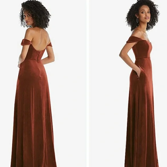 OFF-THE-SHOULDER FLOUNCE SLEEVE VELVET MAXI DRESS IN AUBURN MOON - Small - Picture 4 of 4
